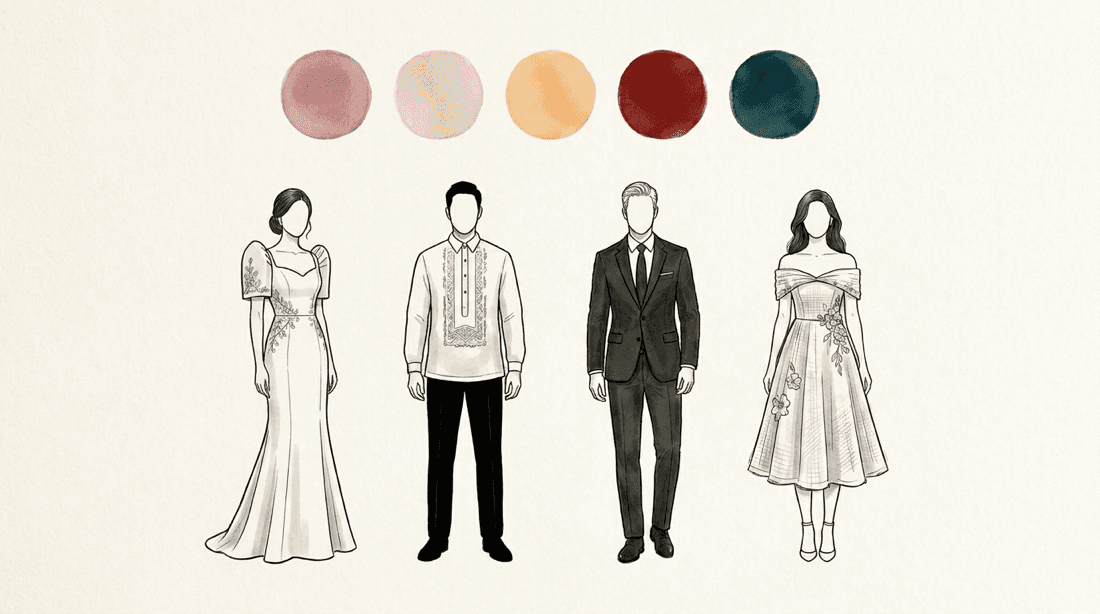 Wedding attire guide with colors and outfit inspiration